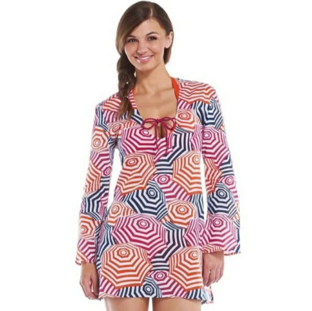 Mud pie BLUE Orange White Umbrellas Print Tunic Top Dress Size Small